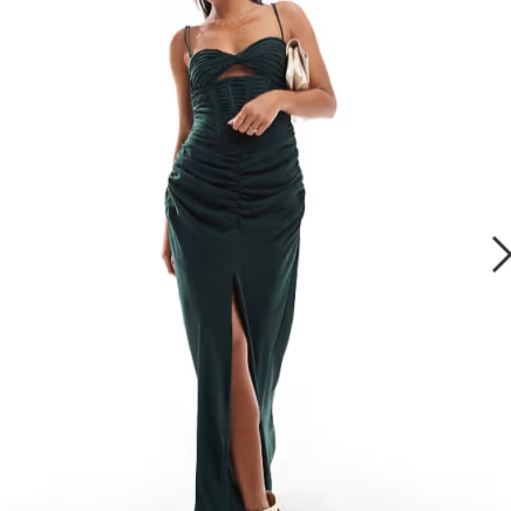 ASOS ruched corset maxi dress with ruffle skirt and strap details forest green